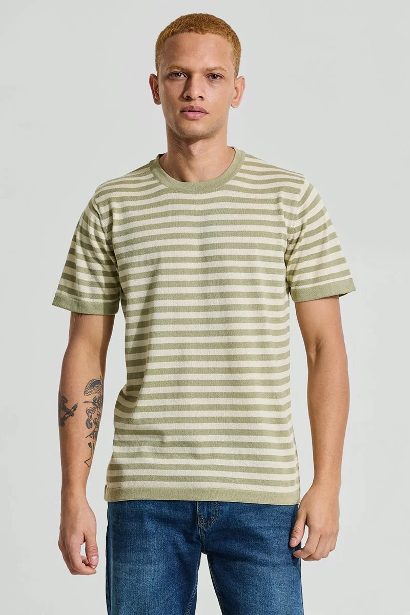 SNITCH Olive Stripes Slim Fit T-Shirt